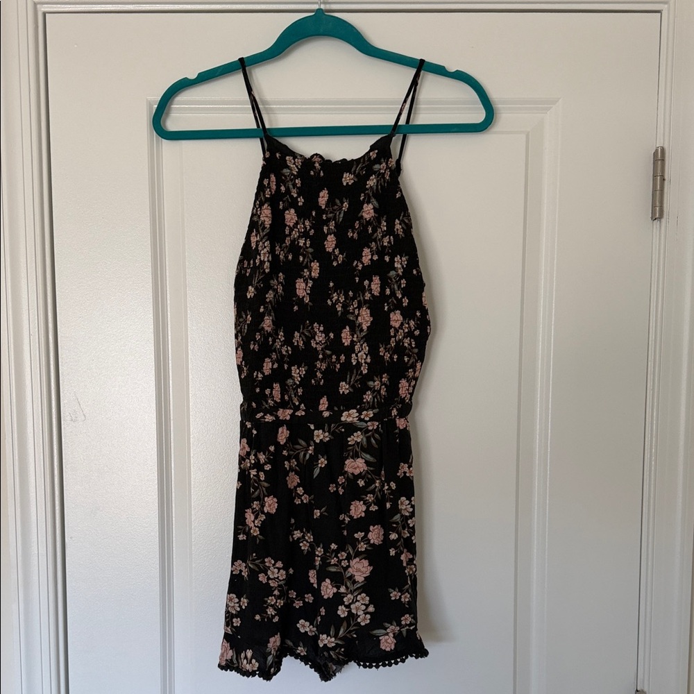 American Eagle Outfitters Black Floral Spaghetti Strap Romper with Pink Flowers